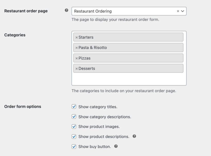 restaurant ordering settings page