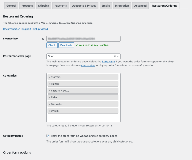 WooCommerce Restaurant Ordering plugin settings