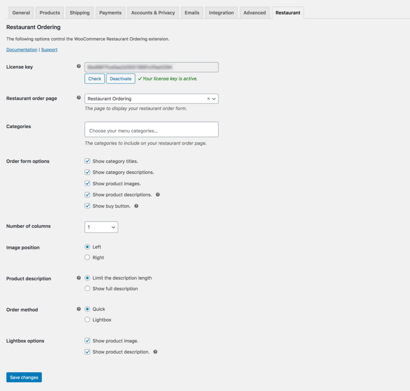 WooCommerce Restaurant Ordering Plugin settings