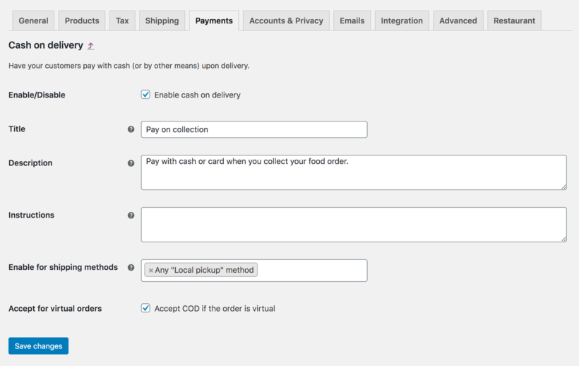 WooCommerce restaurant payment cash delivery collection