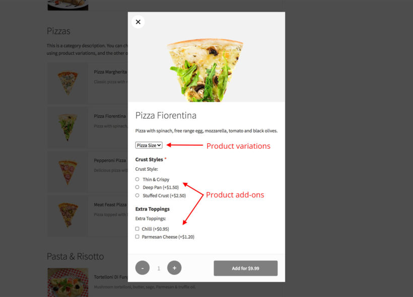 WooCommerce restaurant variations and add-ons