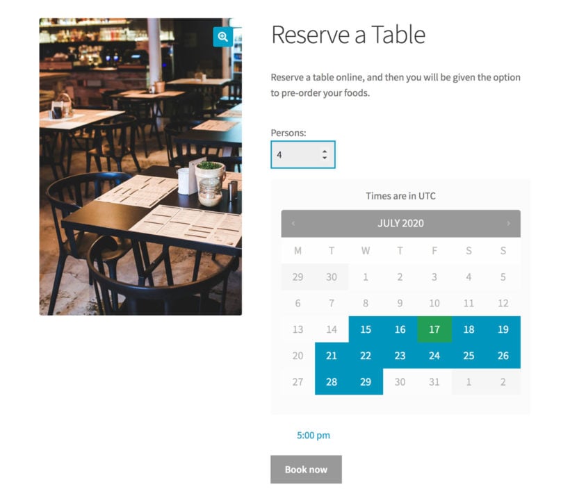 WooCommerce table reservation booking page