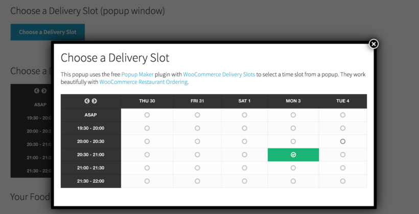 Checkout add-on popup letting a customer choose a delivery date and time slot
