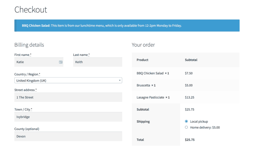 WooCommerce checkout category opening times