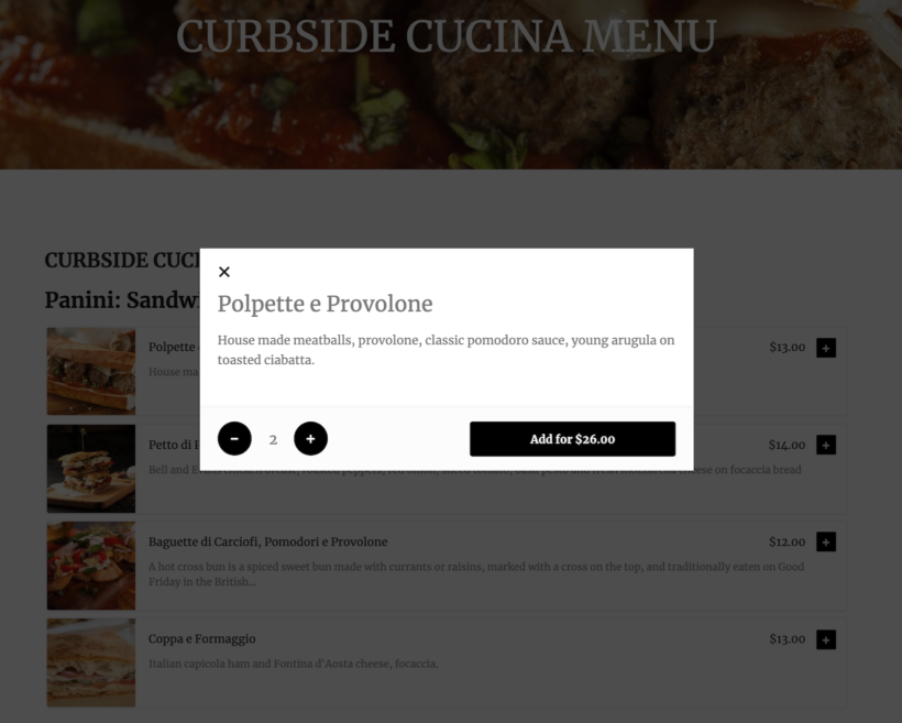 Food order form lightbox with purchasing options