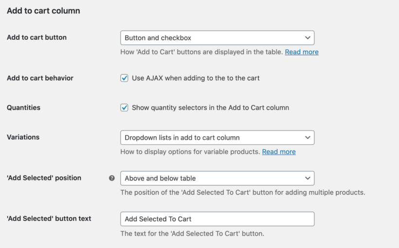 Add to cart column settings