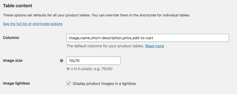 Table content settings