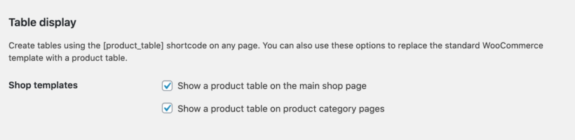 Table display settings