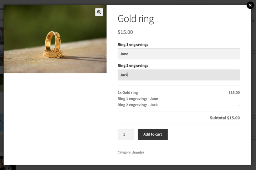 Gold ring quick view with two engraving text fields before adding to cart