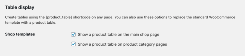 Table display settings