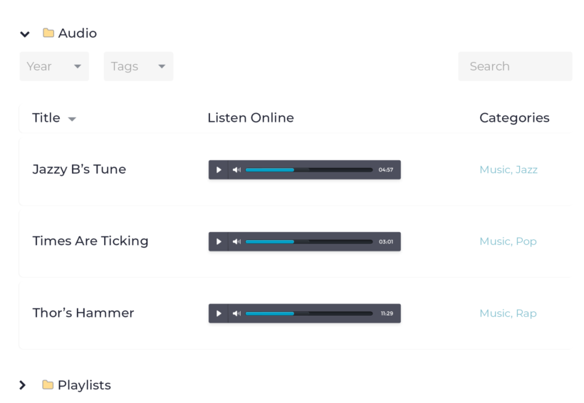 WordPress audio library table with inline audio players