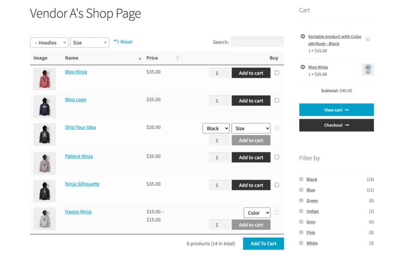 Multi vendor shop page with product table