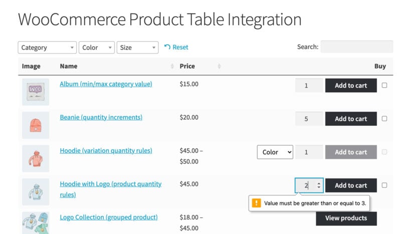 WooCommerce min/max quantity product table