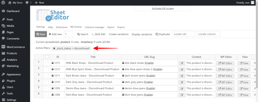 View discontinued products in spreadsheet