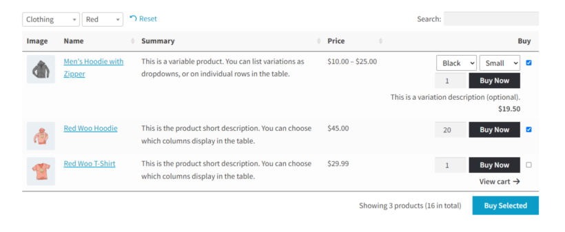 product table buy now cta text