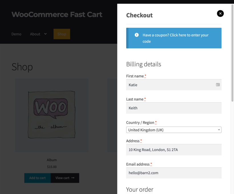 WooCommerce Fast Cart - Display the WooCommerce checkout directly in the fast cart