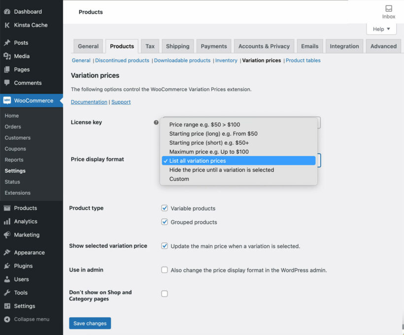 WooCommerce Variation Prices screenshot plugin settings page