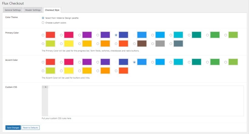 Flux checkout design settings