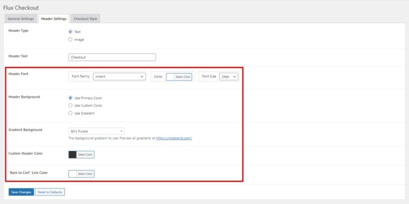 Flux checkout header settings