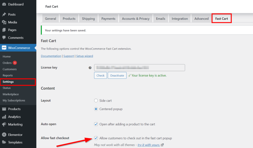 Allow fast checkout in WooCommerce floating cart within WooCommerce Fast cart plugin settings