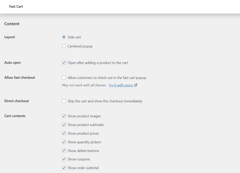 Woocommerce fast cart customization options