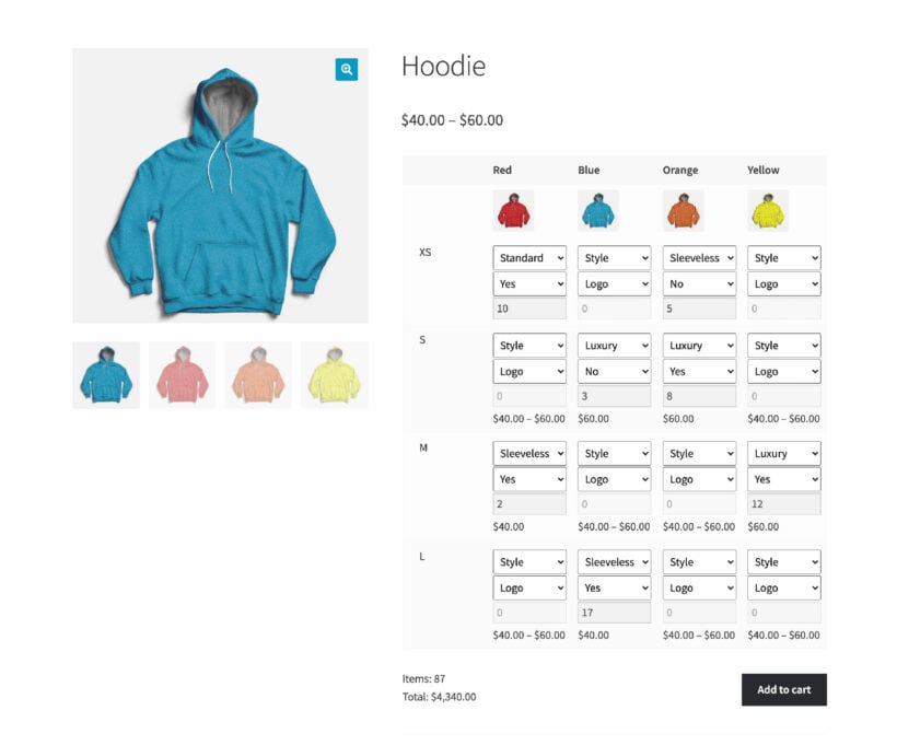 WooCommerce Bulk Variations 4 attributes product