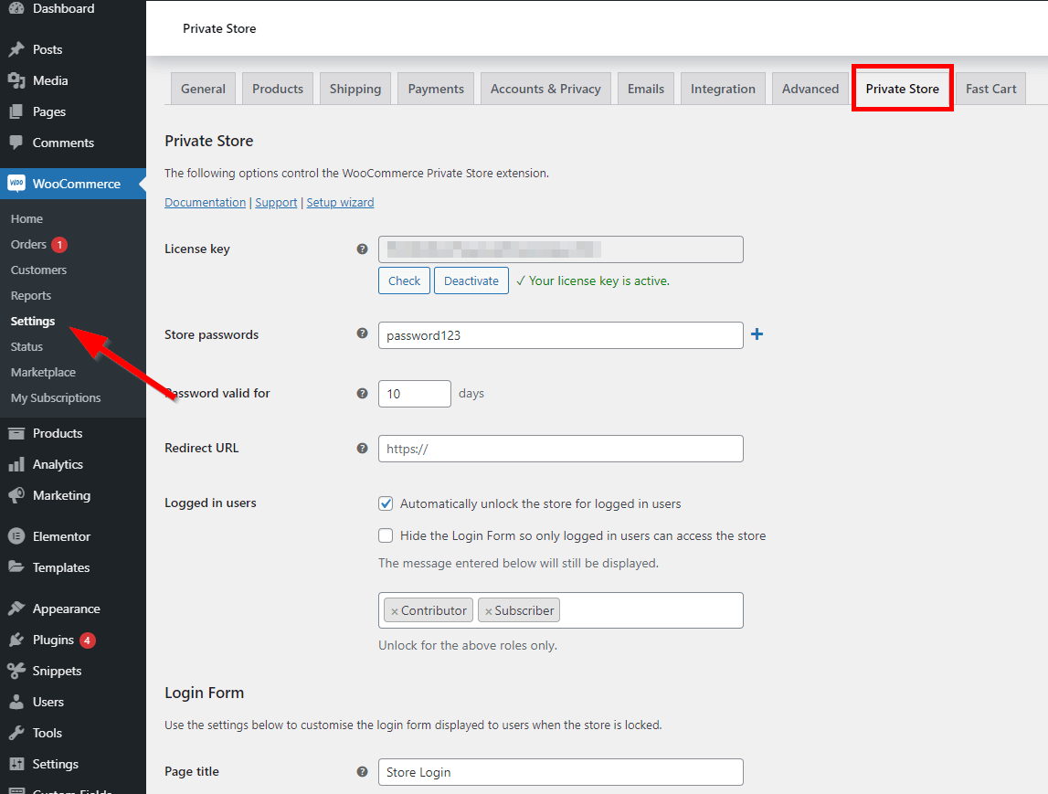 WooCommerce Private Store settings page showing password and role-based unlock options