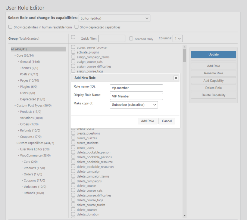 WordPress role editor