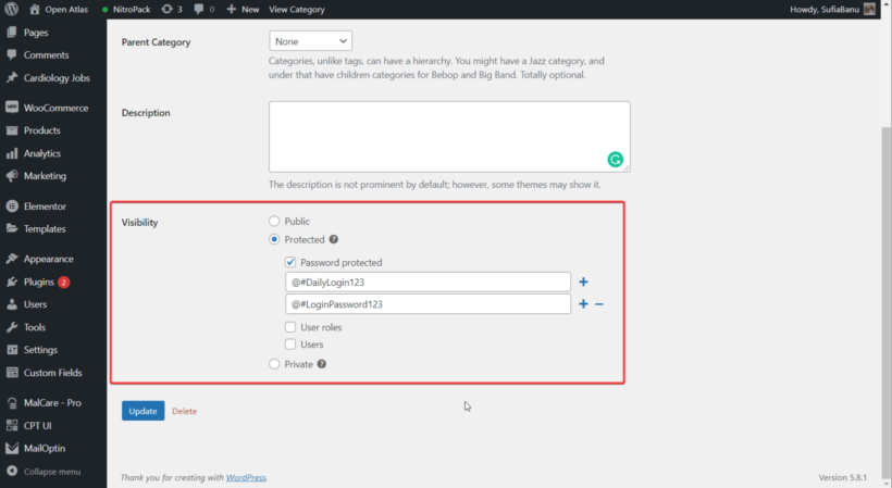 password protected categories - password protection option