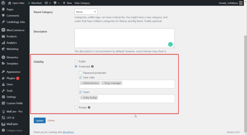 password protected categories - user roles & users option