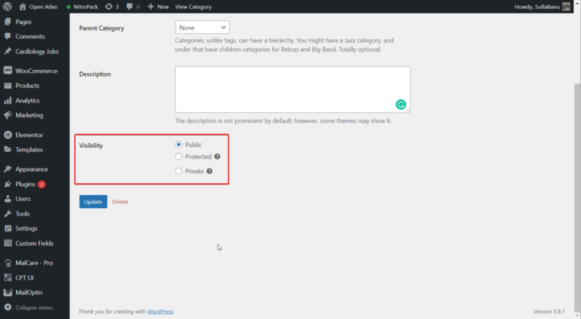 password protected categories visibility option