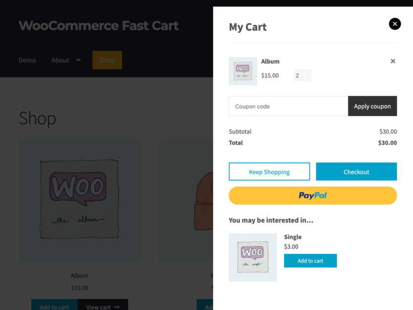 WooCommerce Fast Cart upsell popup in side cart