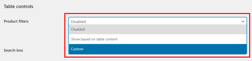 enable product filter in product table