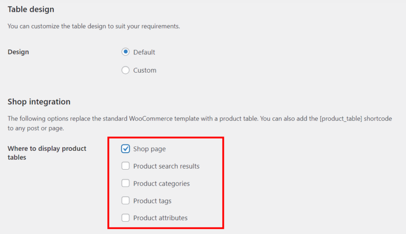 enable product tables on woocommerce pages