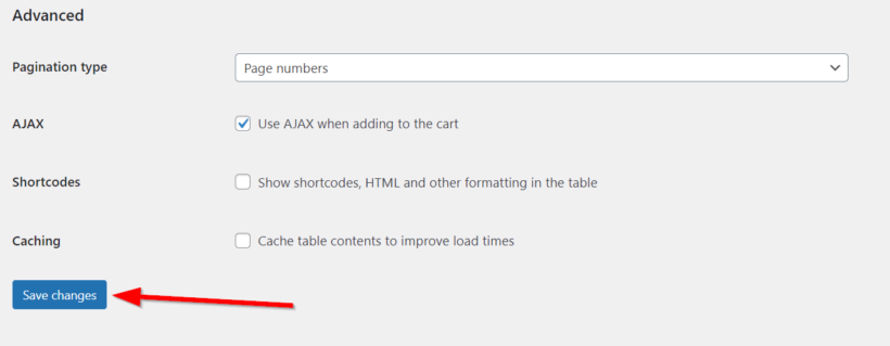 save changes to woocommerce product table