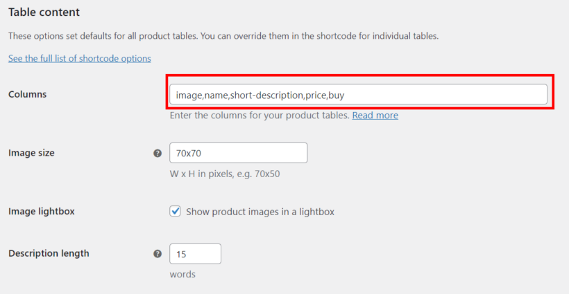 set default product table attributes