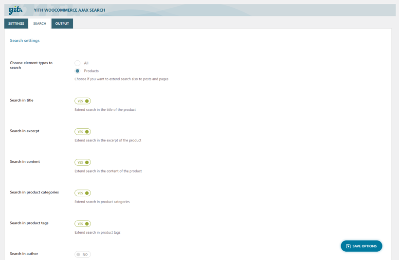 YITH WooCommerce AJAX Search settings