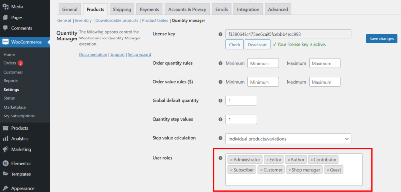 set quantity limit user role