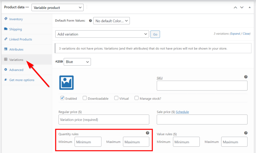 set woocommerce quantity limit per product variation