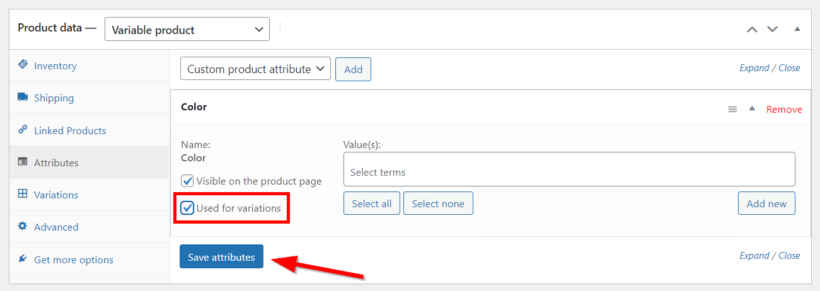 use product attributes for variations in woocommerce