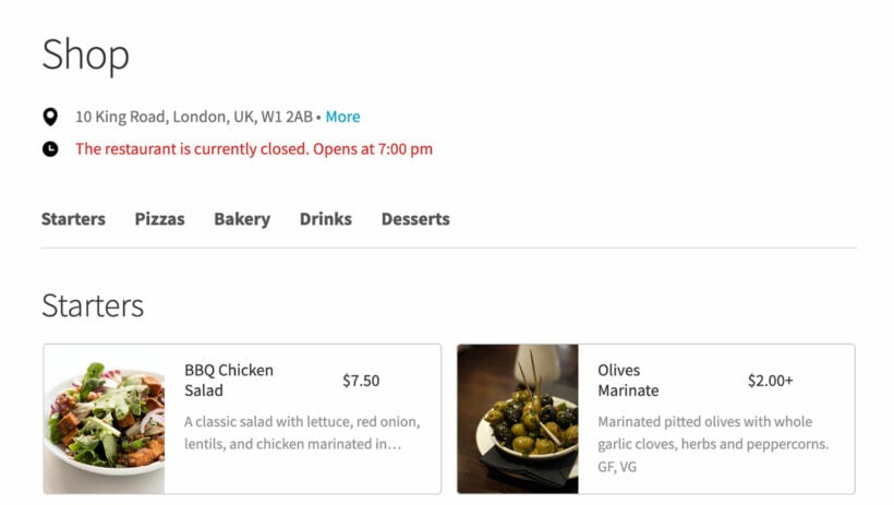 WooCommerce restaurant closed text