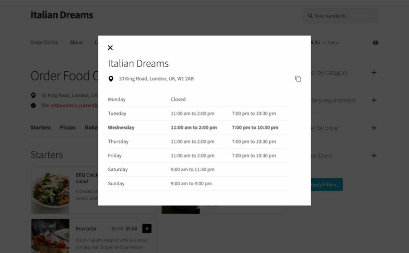 WooCommerce restaurant information lightbox opening times