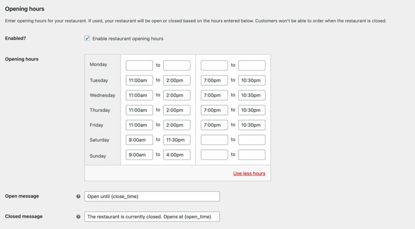 WooCommerce restaurant opening time slots