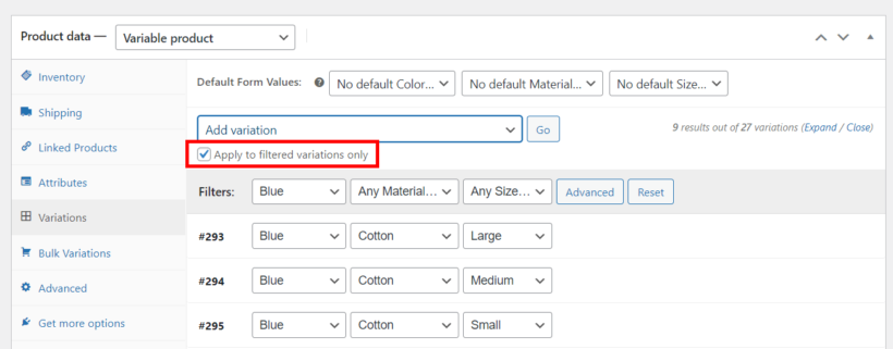 apply woocommerce bulk variations plugin actions to filtered variations only