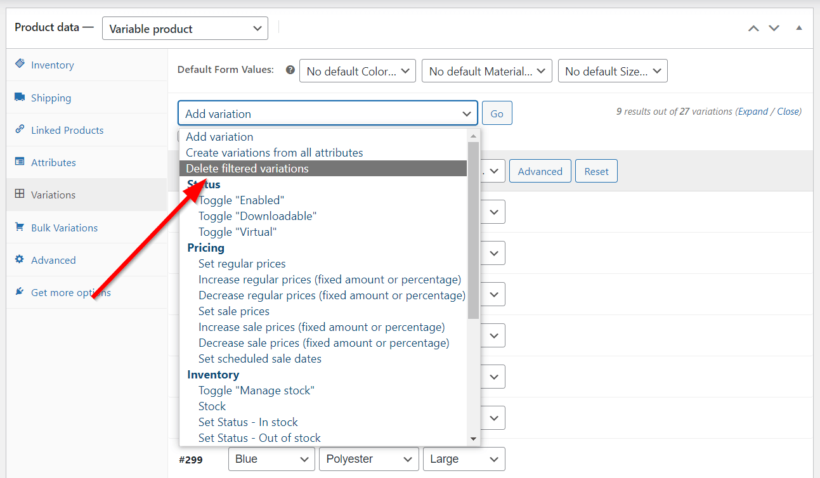 bulk delete woocommerce product variations