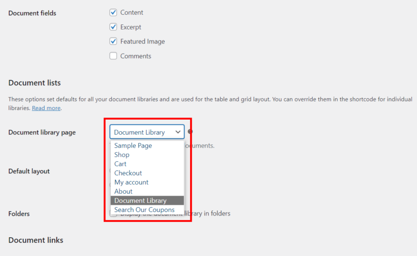 document library pro wordpress plugin set default document library page
