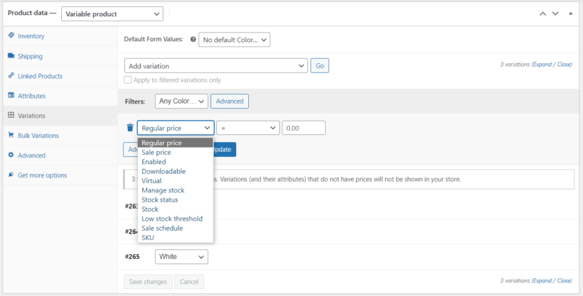 filter product variations with advanced product data