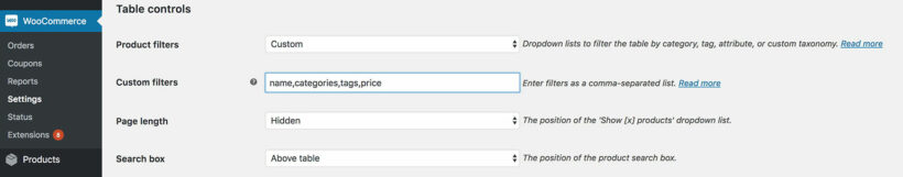 WooCommerce product table filter settings