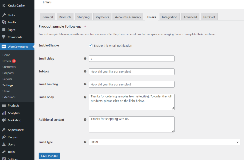 customize woocommerce product sample follow up emails