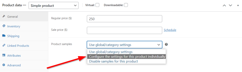 woocommerce product sampling marketing configure individual product settings